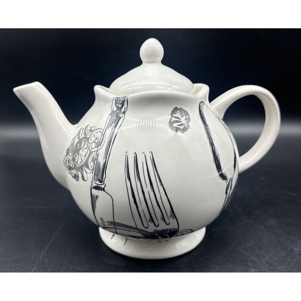 Magenta Exclusives‎ White w/ Black Fork Spoon Knife Graphics Ceramic Teapot 80oz
